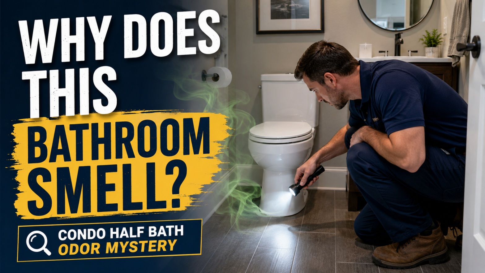 Man crouching by a toilet with a flashlight, next to a large poster that reads 'WHY DOES THIS BATHROOM SMELL?' and 'ODOR MYSTERY' on the left side.