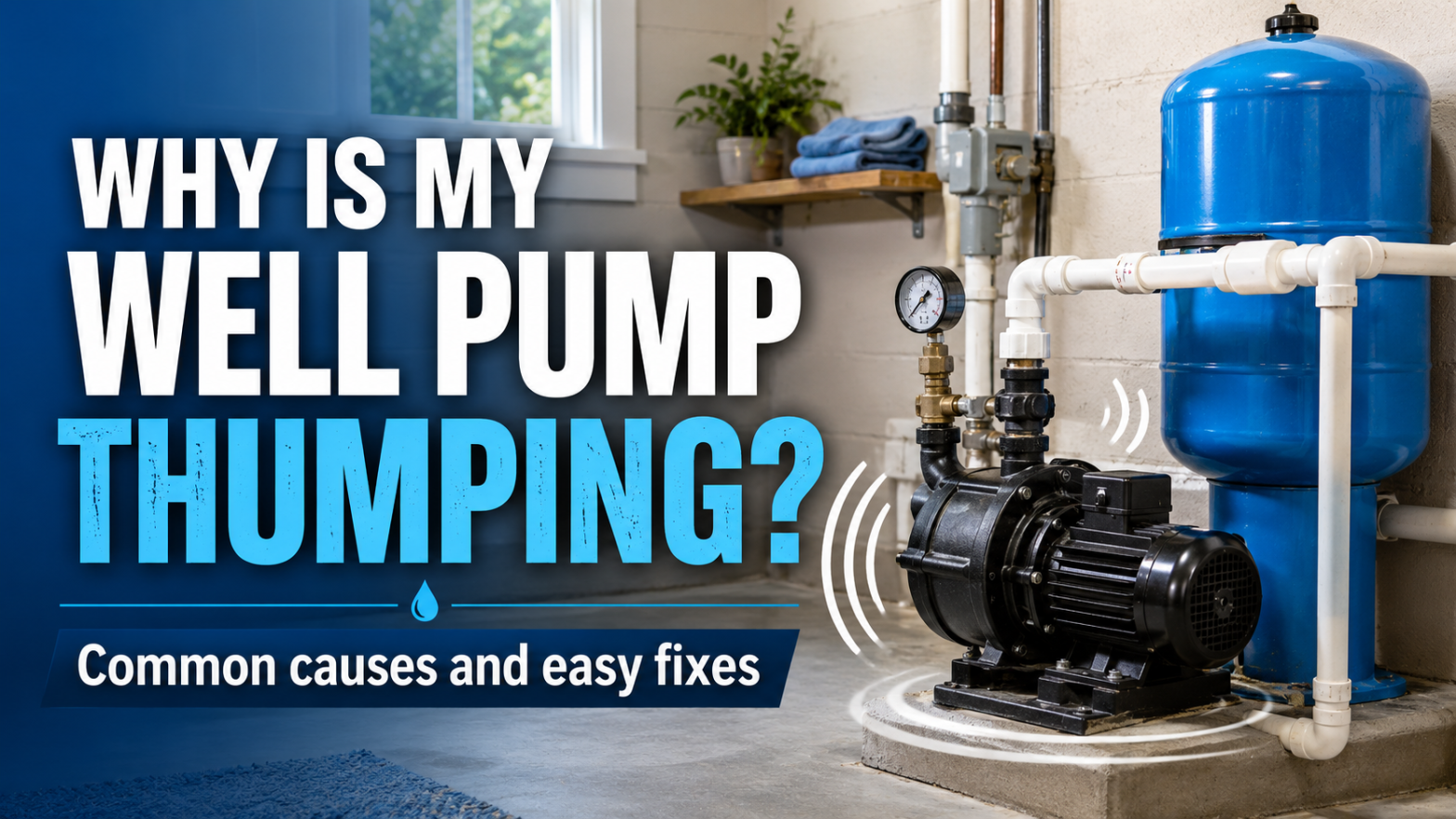 Cover image for a guide titled 'Why is my well pump thumping?' showing a basement pump system with a blue water tank and bold white/blue text.